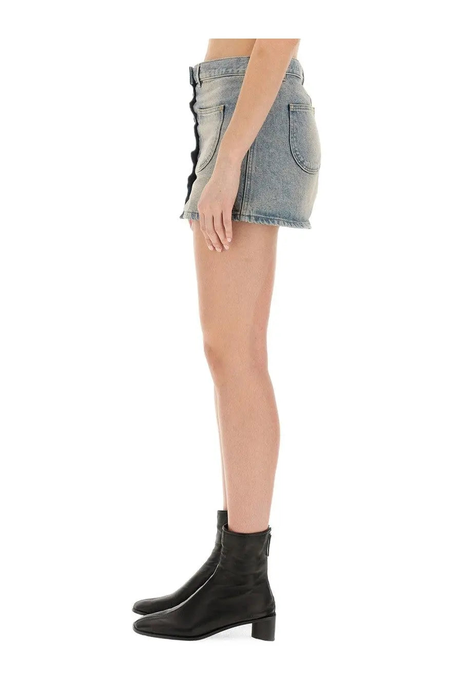 Courrèges women’s light-wash denim mini skirt with black side zipper detail and frayed hem in blue