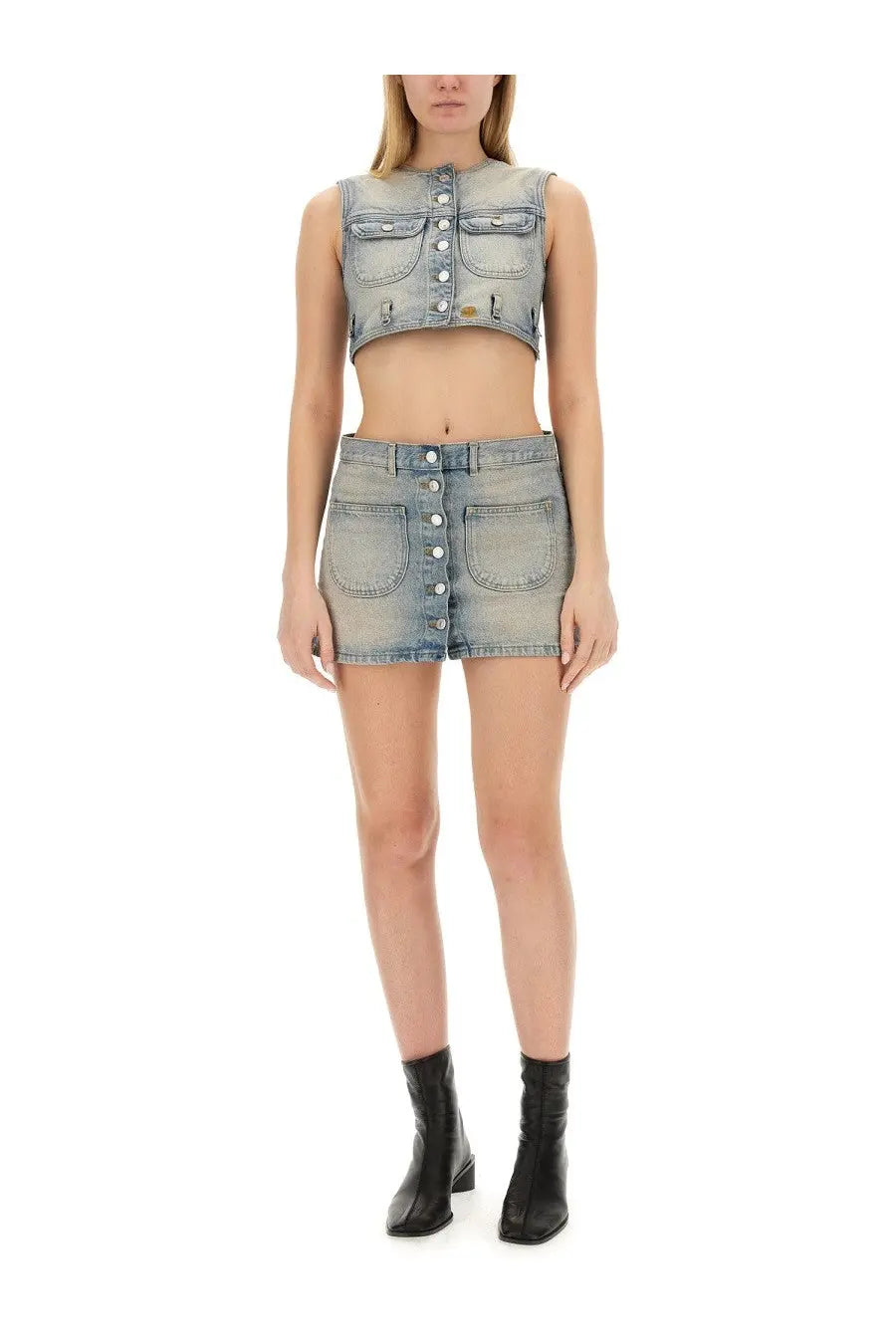 Courrèges women’s light-wash denim mini skirt and crop top set with button closures in blue front view