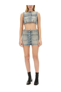 Courrèges women’s light-wash denim mini skirt and crop top set with button closures in blue front view