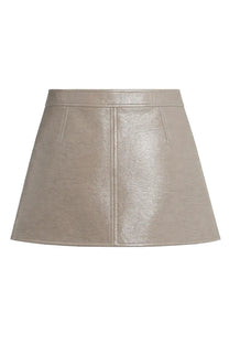 Courrèges women’s miniskirt reedition in brown metallic taupe pleated fabric with structured waistband and front seam detailing