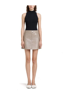 Courrèges womens taupe leather miniskirt with high waist and front button closure in brown reedition design