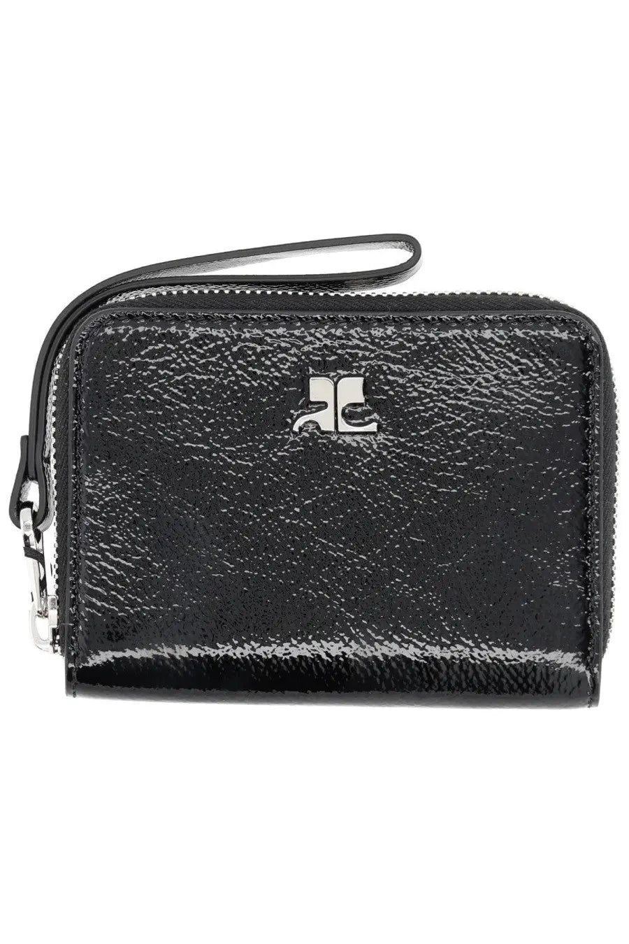 Courrèges women’s naplack wallet black patent leather with silver logo zipper and wrist strap visible front side