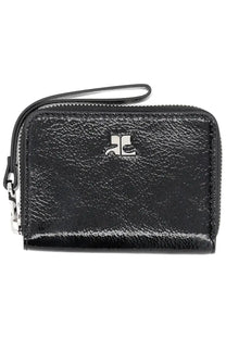 Courrèges women’s naplack wallet black patent leather with silver logo zipper and wrist strap visible front side
