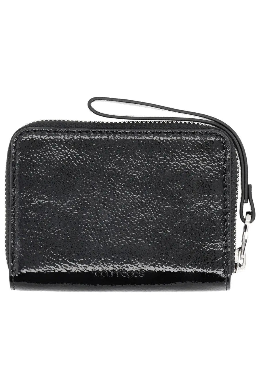 Courrèges women’s naplack black wallet made of black patent leather with zipper wrist strap and silver hardware