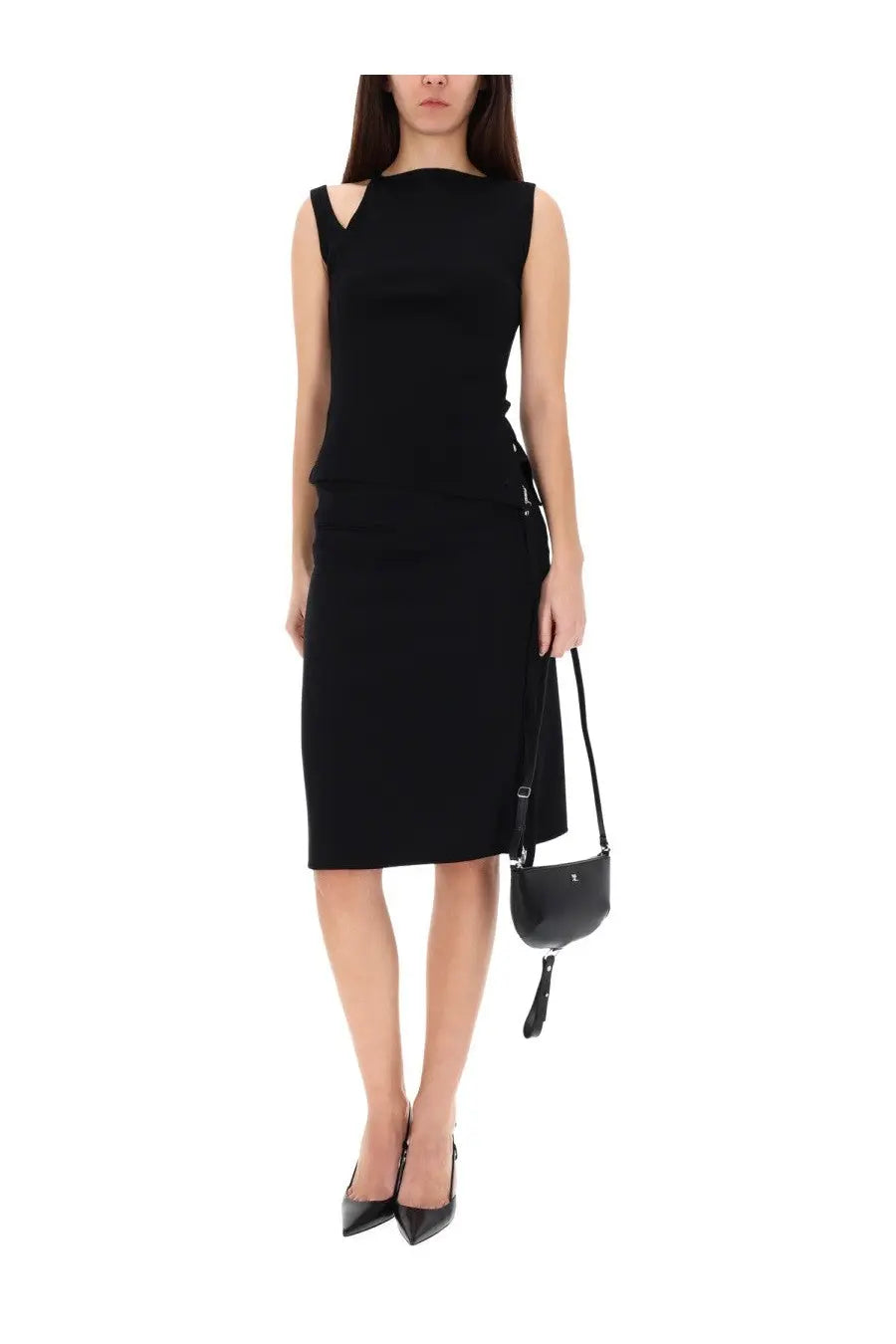 Black sleeveless fitted midi dress with cut out shoulder details and side tie accents from courrèges Women