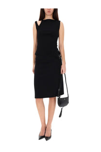 Black sleeveless fitted midi dress with cut out shoulder details and side tie accents from courrèges Women