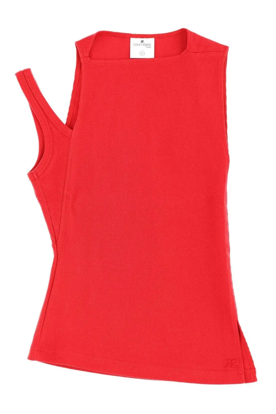 Courrèges women’s oblique 90s vibrant red ribbed knit sleeveless top with asymmetrical shoulder design