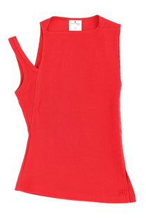 Courrèges women’s oblique 90s vibrant red ribbed knit sleeveless top with asymmetrical shoulder design