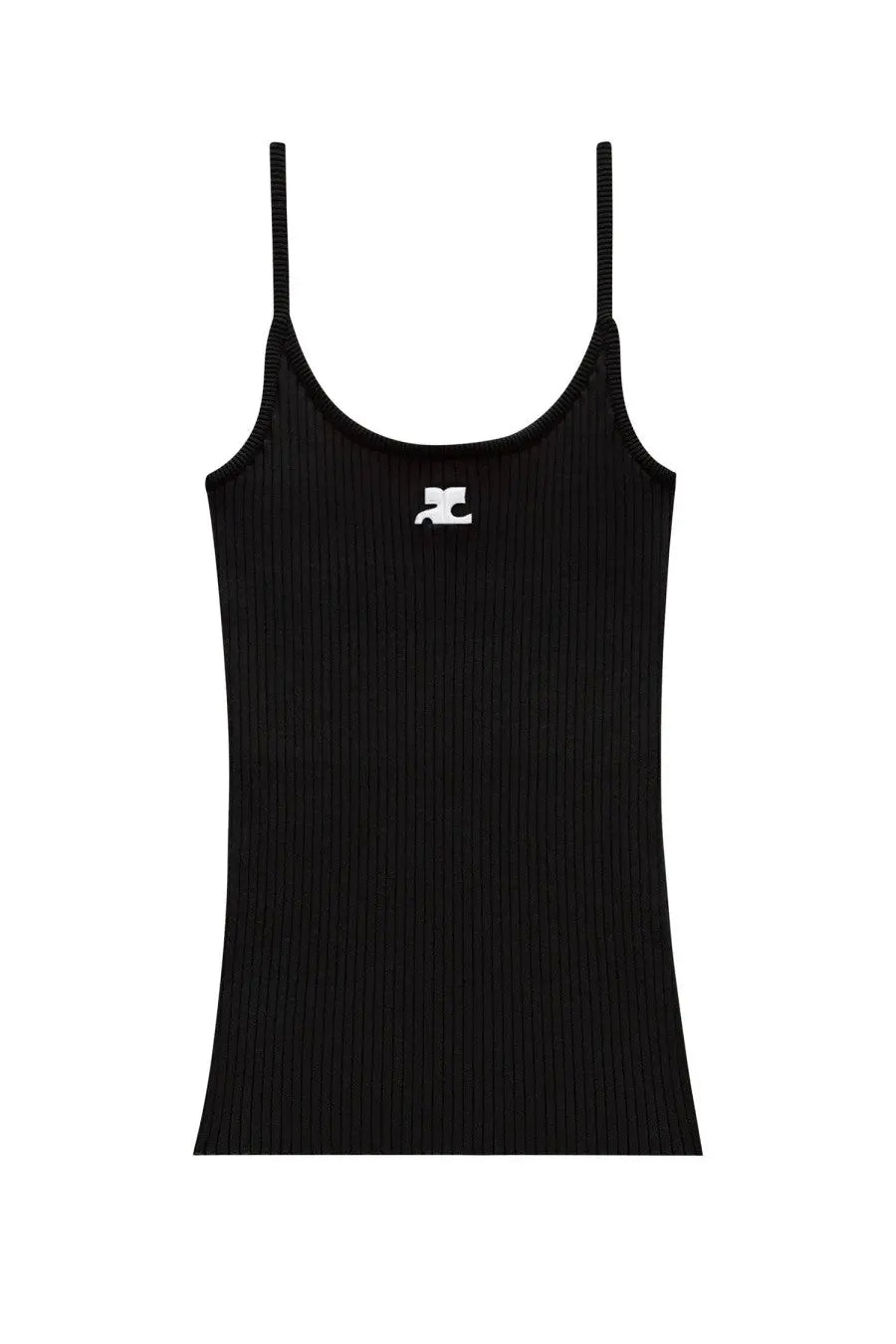 Courrèges women’s reedition black ribbed knit tank top with thin straps and small white logo on chest