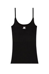 Courrèges women’s reedition black ribbed knit tank top with thin straps and small white logo on chest