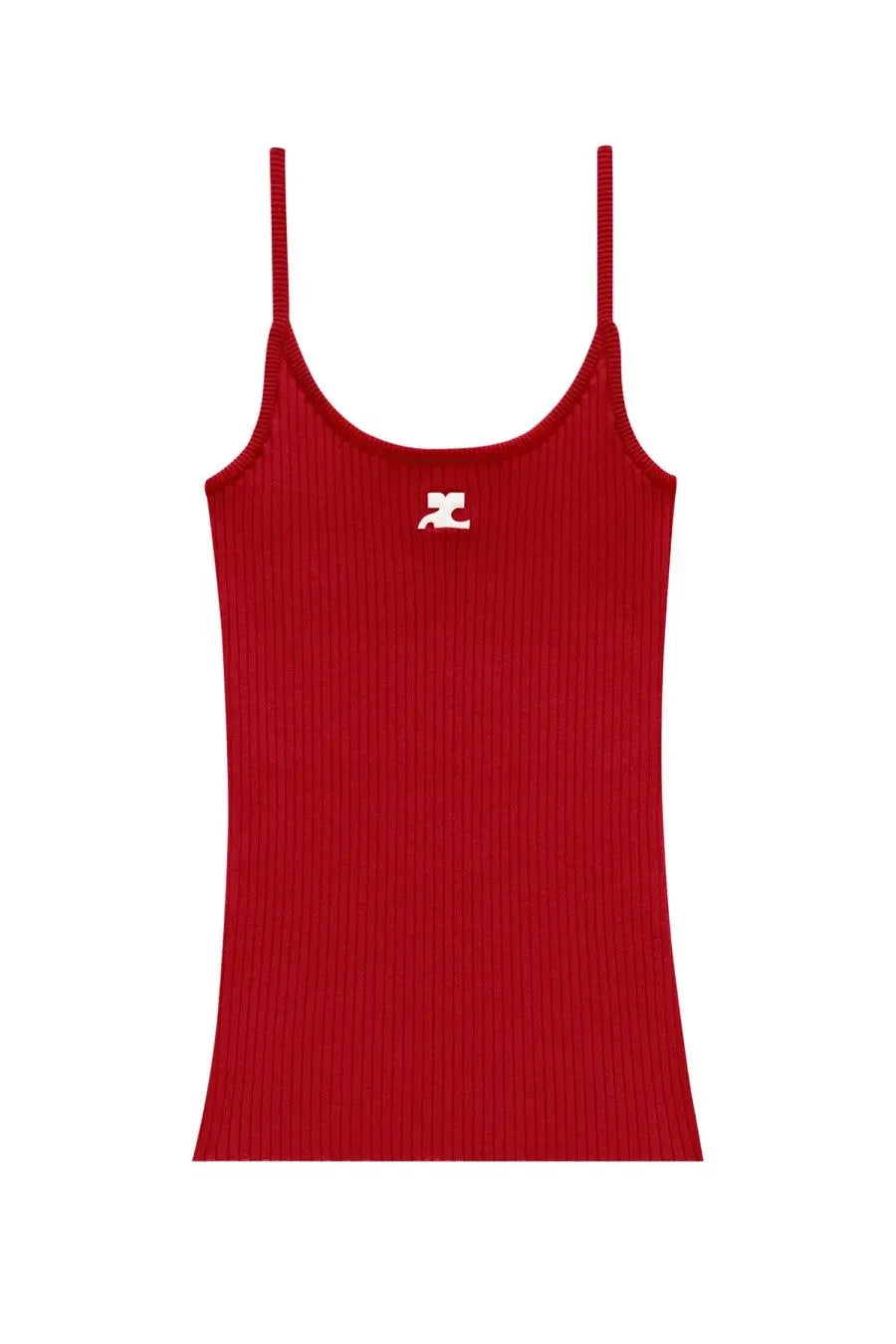 Courrèges women’s red ribbed knit tank top with spaghetti straps and white logo at chest center