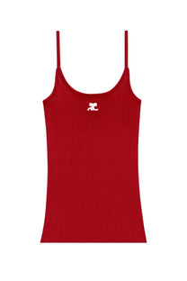 Courrèges women’s red ribbed knit tank top with spaghetti straps and white logo at chest center