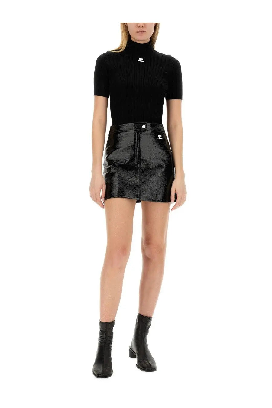 Courrèges women’s black patent leather mini skirt with front zipper and subtle brand logo detailing