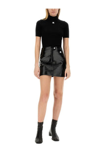 Courrèges women’s black patent leather mini skirt with front zipper and subtle brand logo detailing