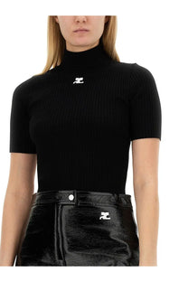Black ribbed short sleeve knitted turtleneck top with white logo on chest courrèges women’s reedition shirt