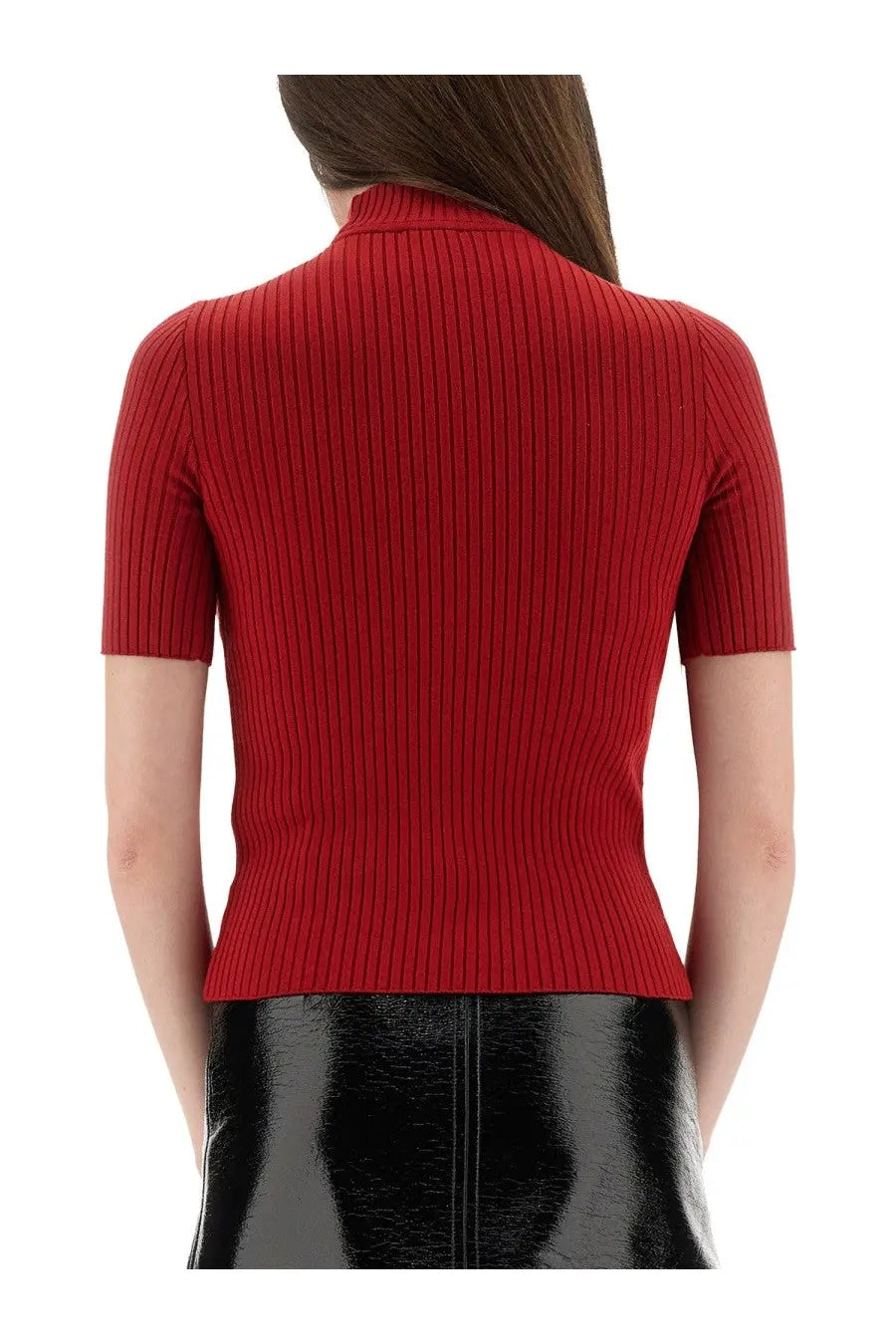 Courrèges women’s red ribbed knit short-sleeve top with high collar from the reedition knitted shirt collection