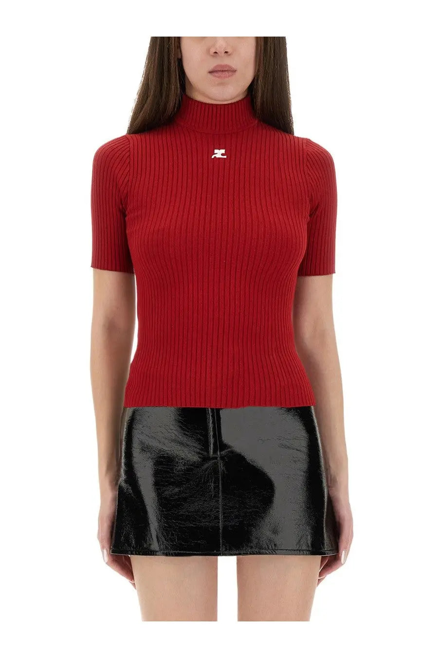 Courrèges womens reedition red ribbed knit turtleneck top with short sleeves and small white logo on the chest