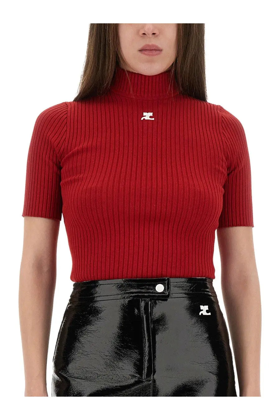 Courrèges women’s red ribbed knitted short sleeve turtleneck top with white logo on the chest