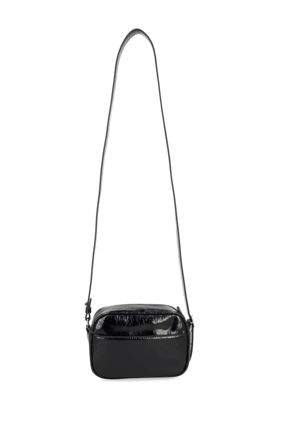 Courrèges women’s reedition naplack bag black is a black glossy crocodile-embossed crossbody bag with a minimalist design