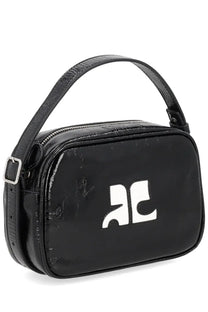 Courrèges women’s reedition naplack bag black with white abstract logo and textured crocodile-embossed strap