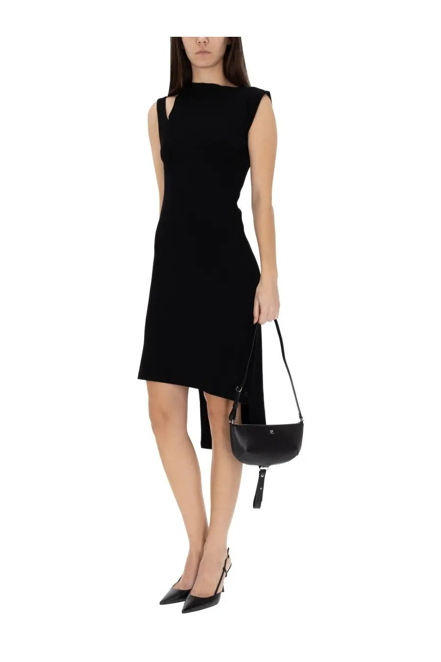 Black leather mini handbag with slender strap and small logo paired with courrèges women’s ribbed oblique dress black