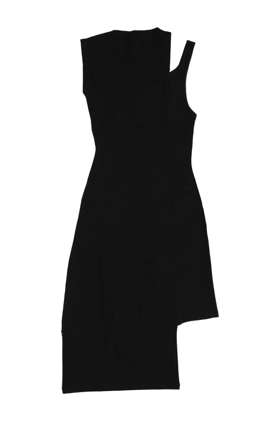 Courrèges women’s black ribbed sleeveless dress with distinctive asymmetrical cut and high low hemline