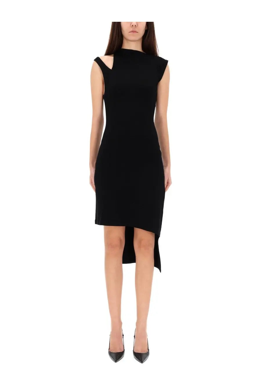 Courrèges women’s ribbed black sleeveless dress with high neckline and asymmetrical hemline front view