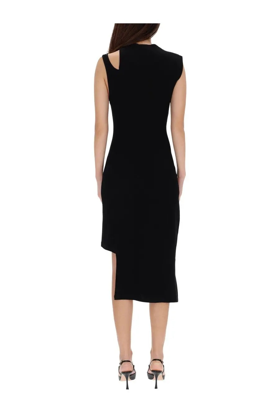 Black sleeveless midi ribbed dress with shoulder cutout and asymmetrical hemline by courrèges for women