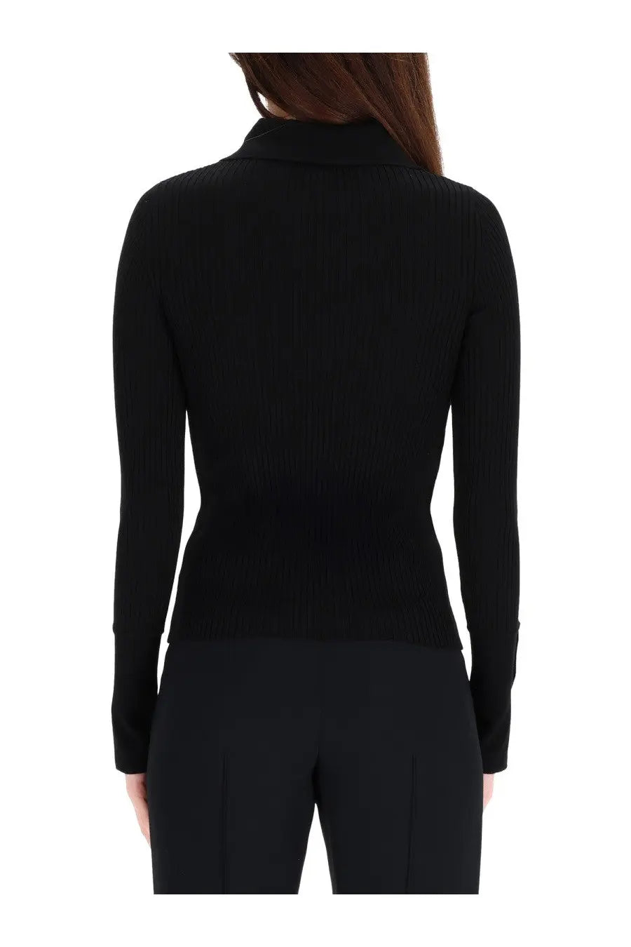 Courrèges women’s black ribbed knit long-sleeved top with stand-up collar perfect for stylish layering