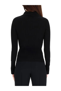 Courrèges women’s black ribbed knit long-sleeved top with stand-up collar perfect for stylish layering