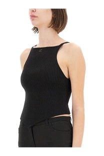 Courrèges women’s black ribbed knit sleeveless tank top with high neckline and asymmetrical hemline