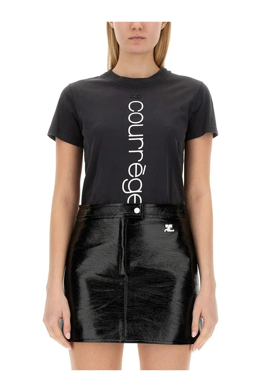 Courrèges women’s black t-shirt with logo print short sleeves and crew neck made from soft cotton material