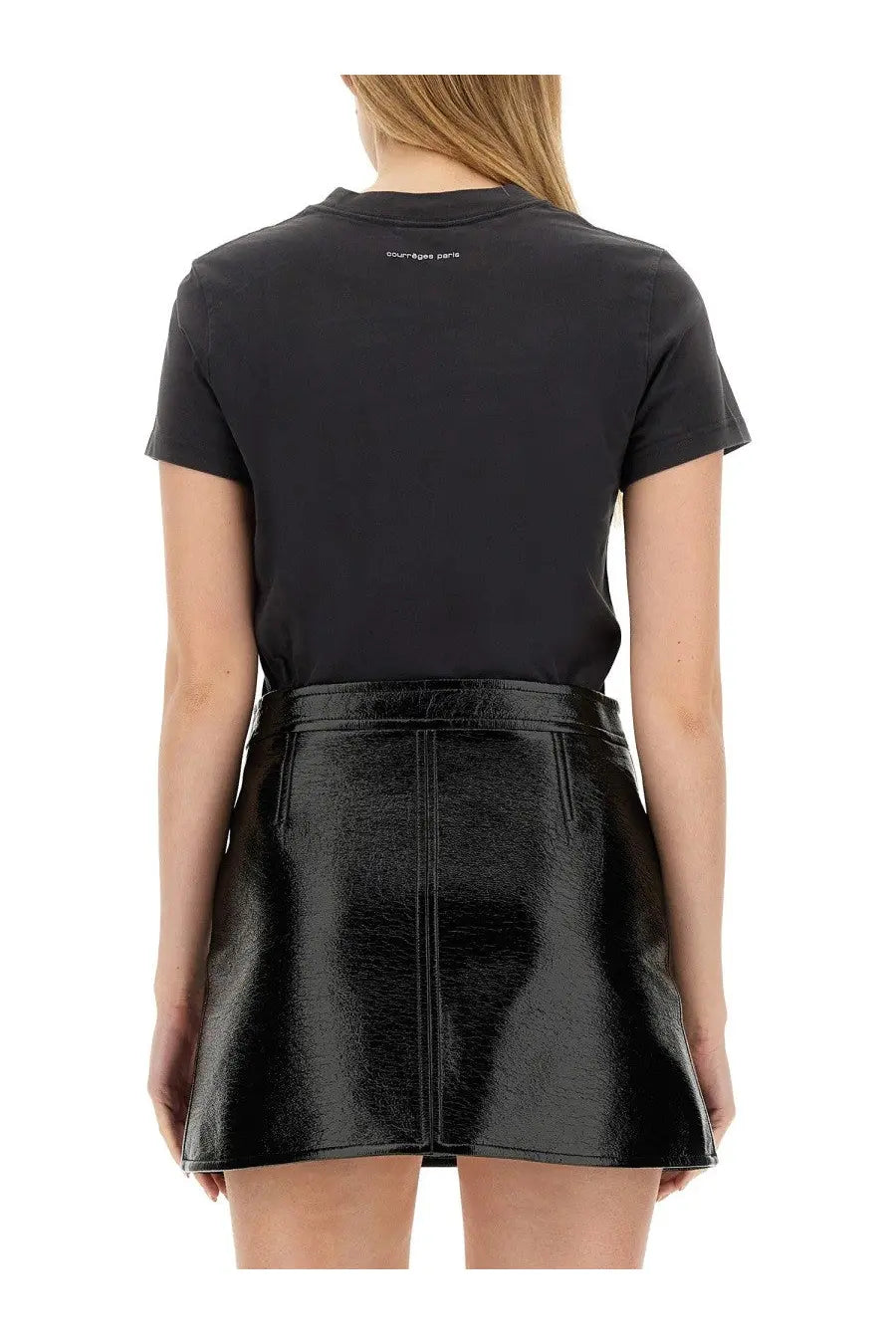 Courrèges women’s black patent leather mini skirt with central front zipper and subtle seam detailing