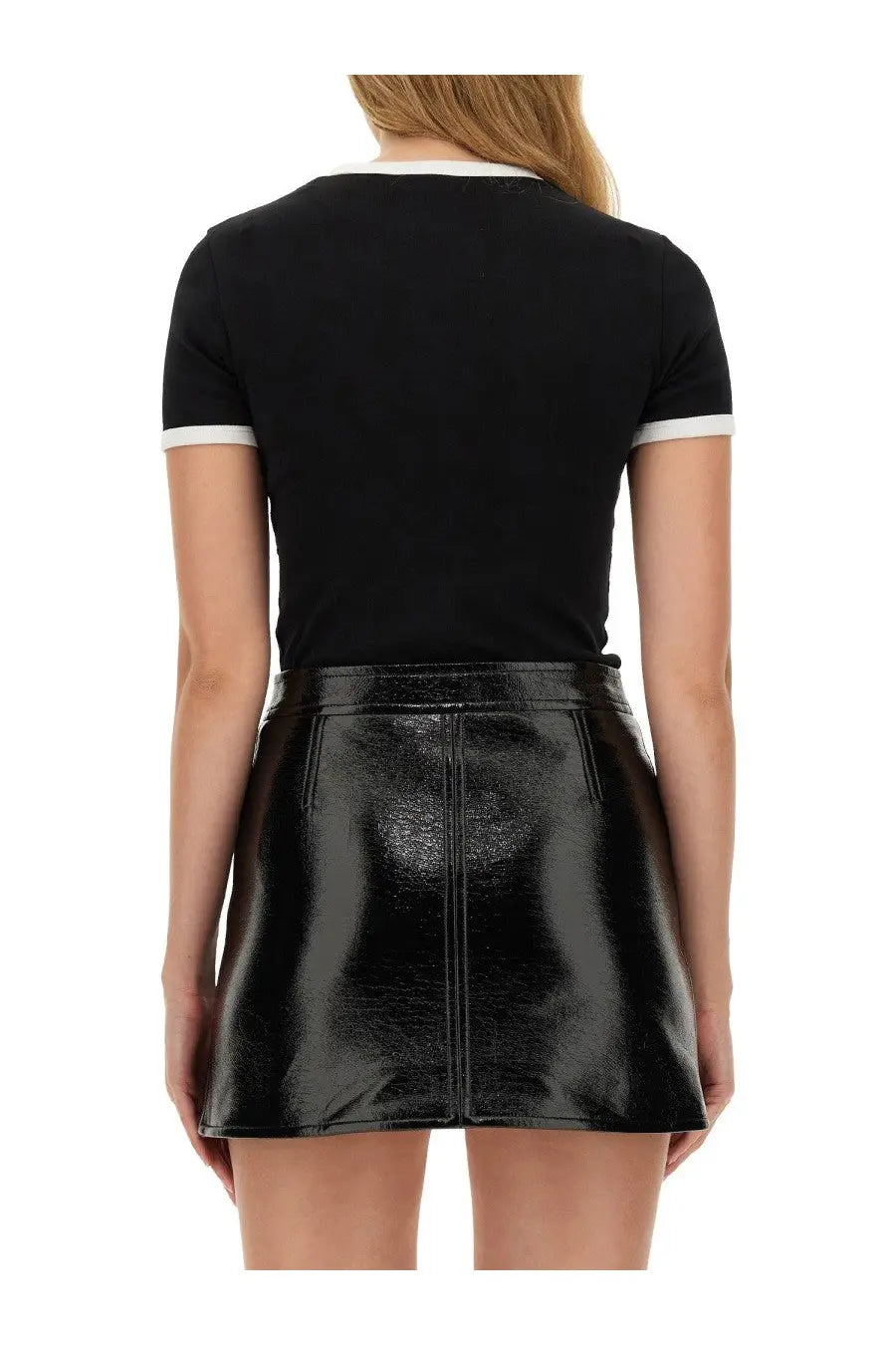 Courrèges women’s black patent leather mini skirt with central front zipper and white trim at the neckline