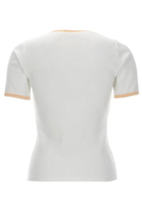 Courrèges women’s white short-sleeved shirt with peach ribbed trim at neckline and sleeve cuffs