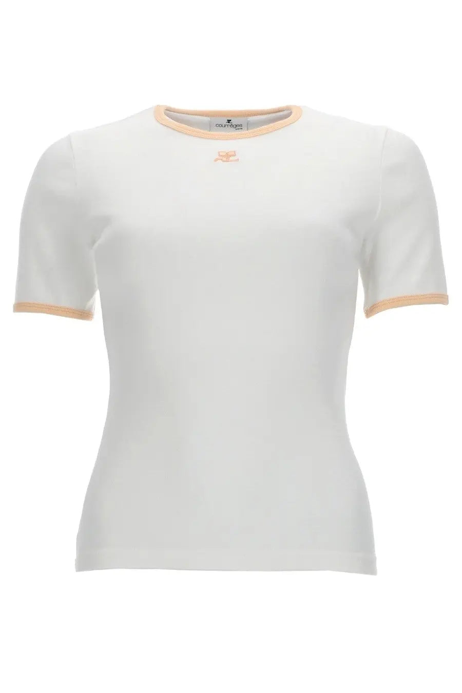 Courrèges women’s white short-sleeved shirt with peach trim and small embroidered chest logo