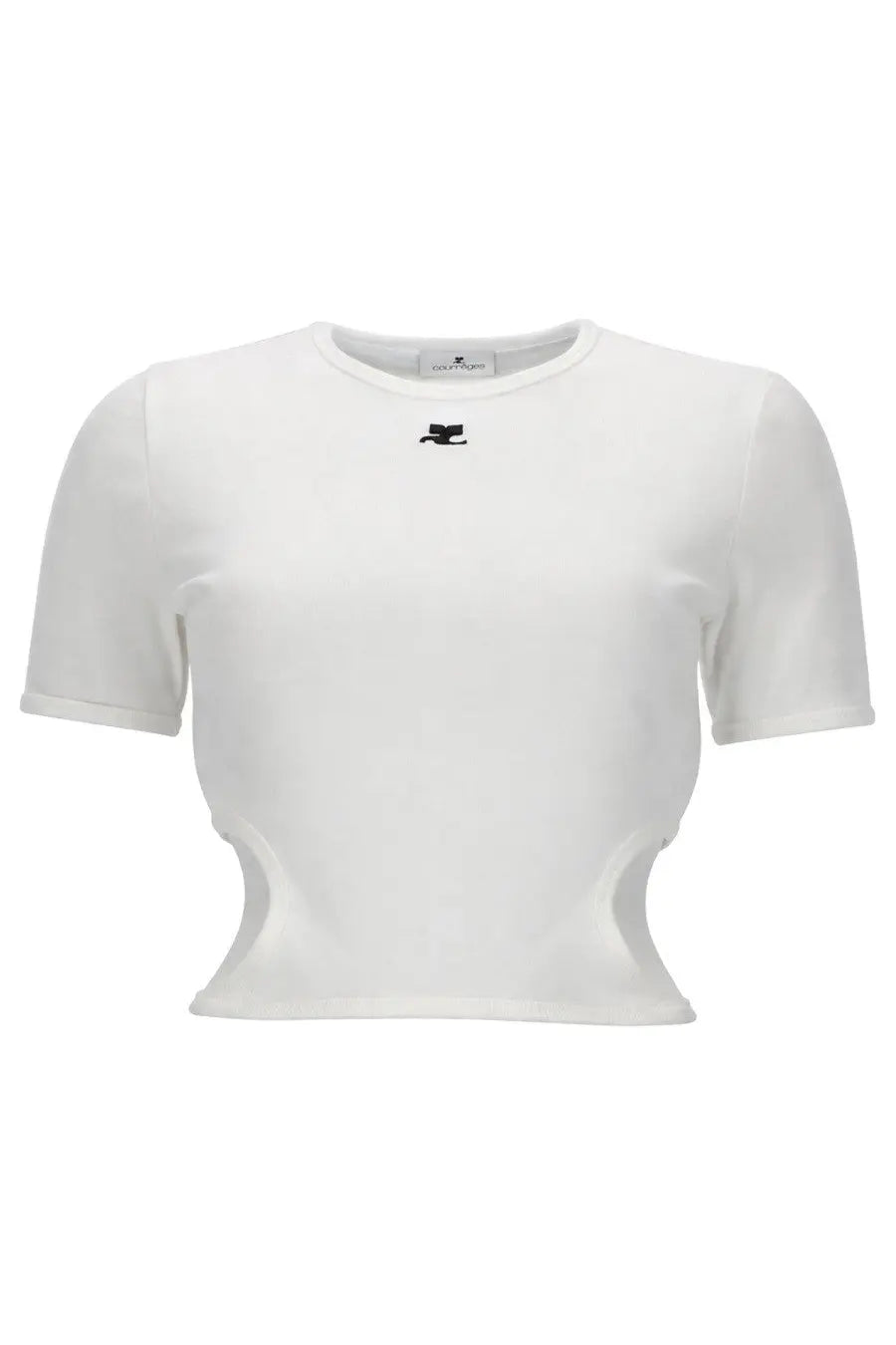 White cropped short sleeve shirt with subtle black logo at neckline by courrèges for women