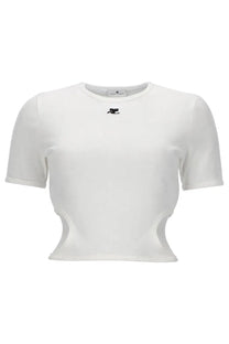 White cropped short sleeve shirt with subtle black logo at neckline by courrèges for women