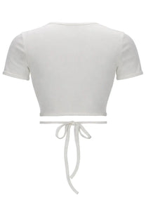 Courrèges women’s white cropped shirt with short sleeves and tied back waistband in cotton blend fabric