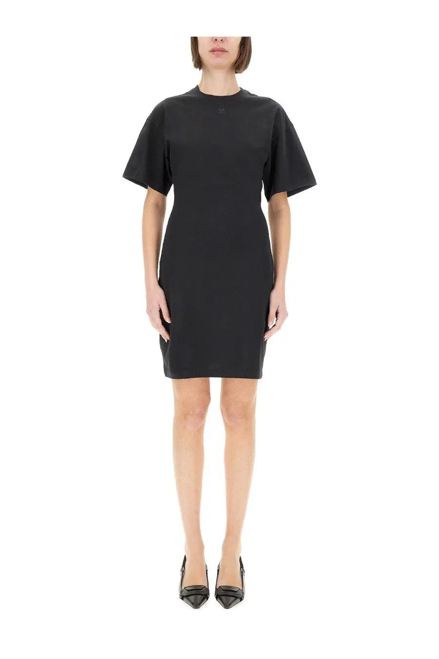 Courrèges women’s short black cotton dress with flutter sleeves and fitted silhouette