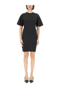 Courrèges women’s short black cotton dress with flutter sleeves and fitted silhouette