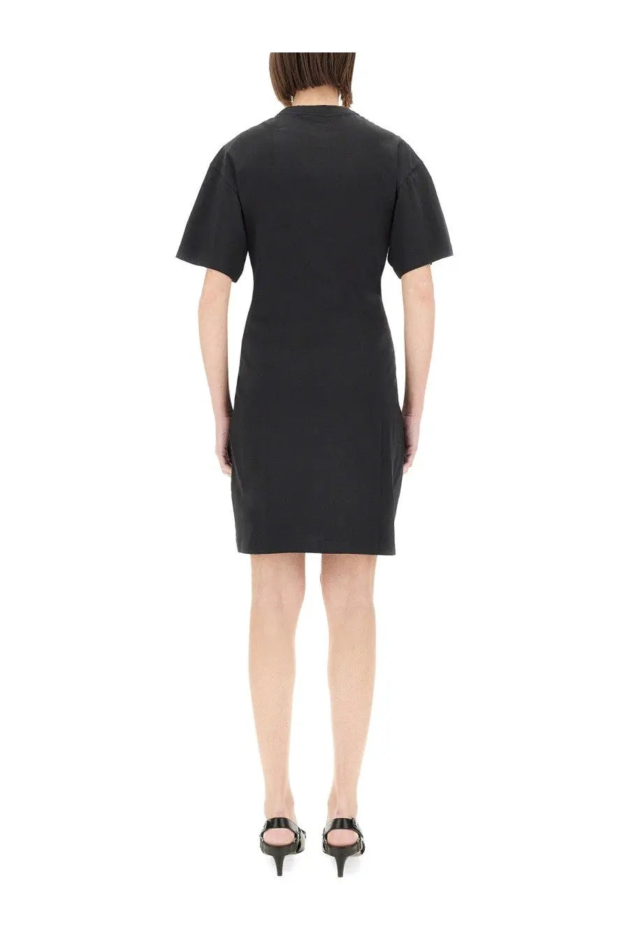 Courrèges women’s black short cotton dress with fitted silhouette and subtle shoulder padding