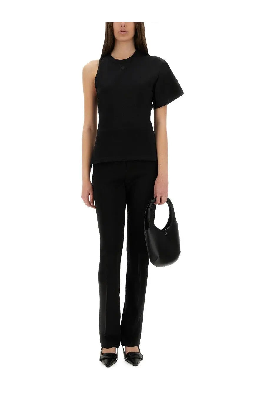 Black leather courrèges women’s one shoulder shirt bag with distinctive circular handle and minimalist design in scuba black