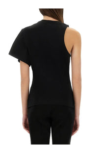 Courrèges women’s one shoulder scuba black top with asymmetrical cutout shoulder and flutter sleeves