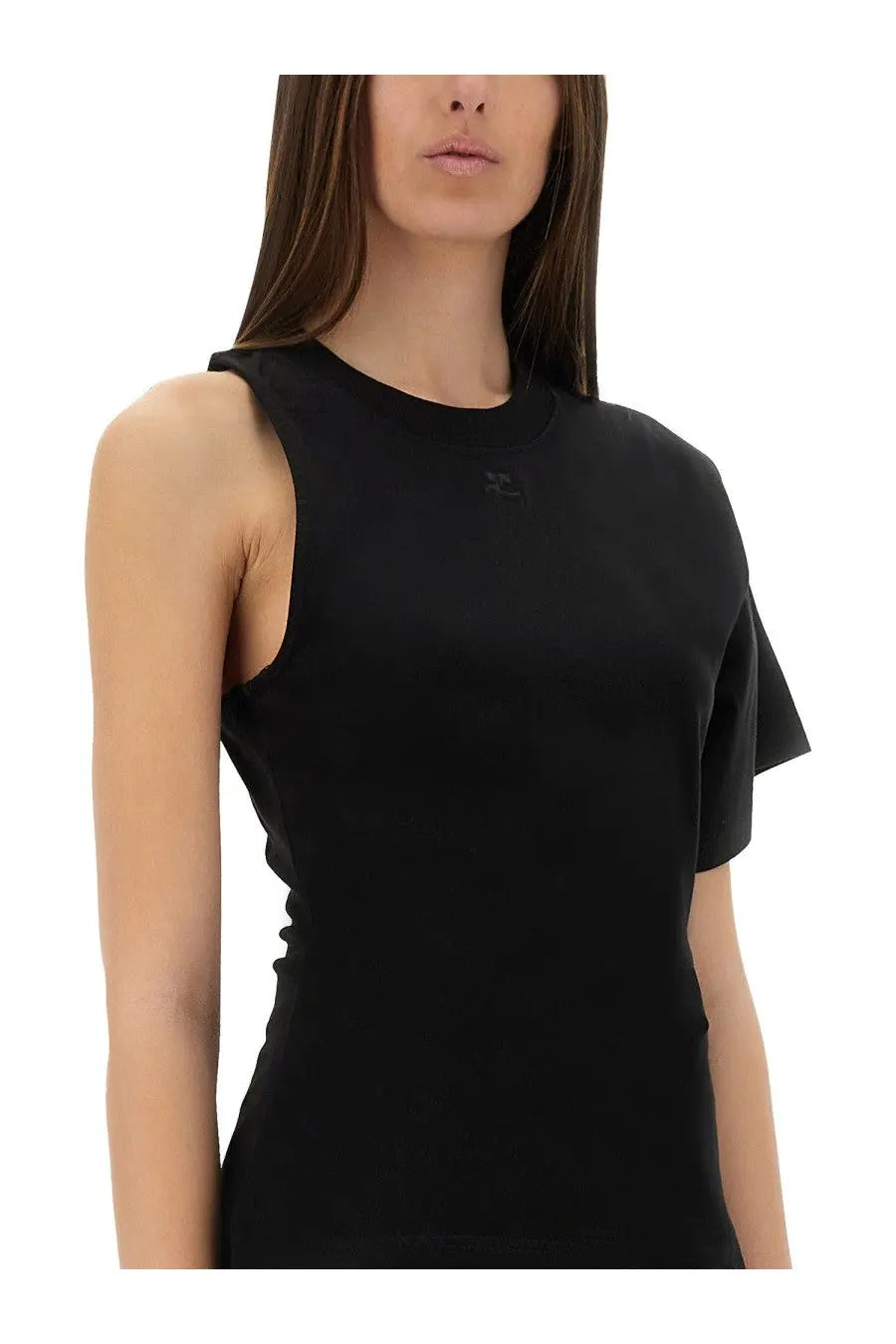 Courrèges women’s scuba black one shoulder top with flutter sleeves and subtle logo on the chest