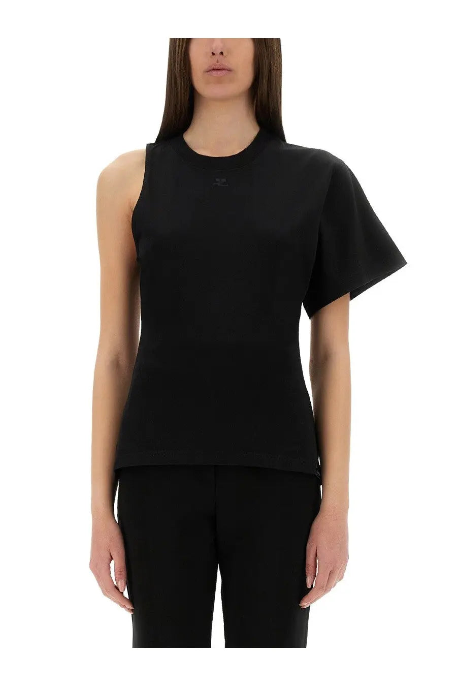 Courrèges women’s scuba black sleeveless top with one short flutter sleeve and subtle brand logo at neckline