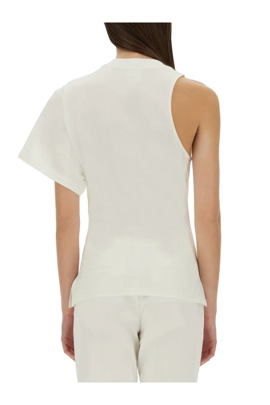 Courrèges women’s one shoulder shirt in scuba white featuring a minimalist off-white sleeveless top with short asymmetrical sleeves and high neckline