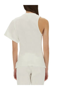 Courrèges women’s one shoulder shirt in scuba white featuring a minimalist off-white sleeveless top with short asymmetrical sleeves and high neckline