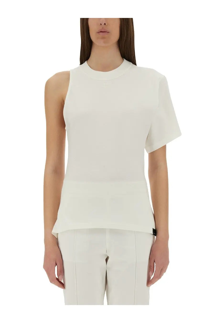 Courrèges women’s one shoulder shirt in scuba white is a minimalist white sleeveless top with asymmetrical sleeves