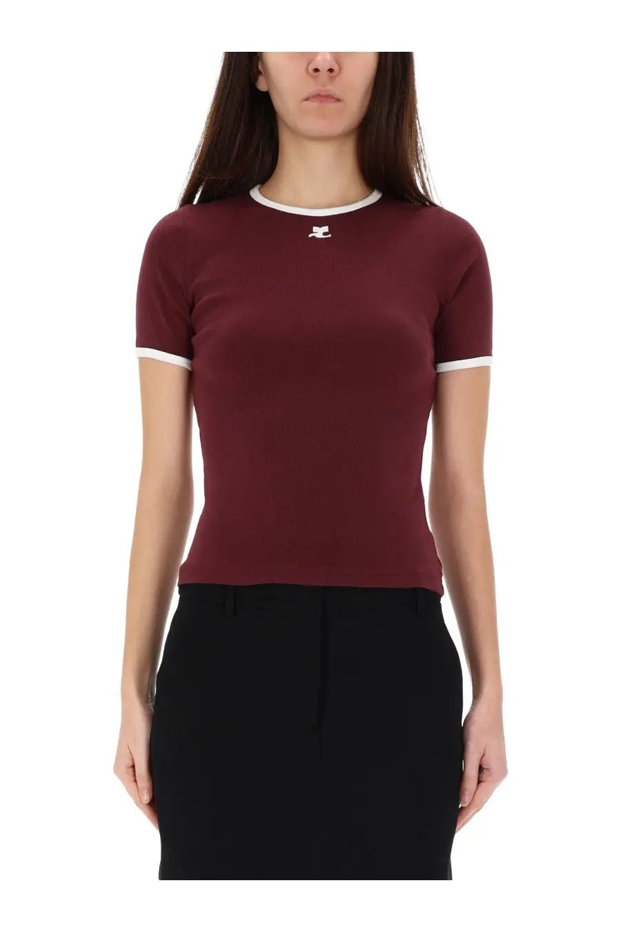 Courrèges women’s signature contrast shirt in maroon with white ribbed trim at neckline and cuffs short sleeves